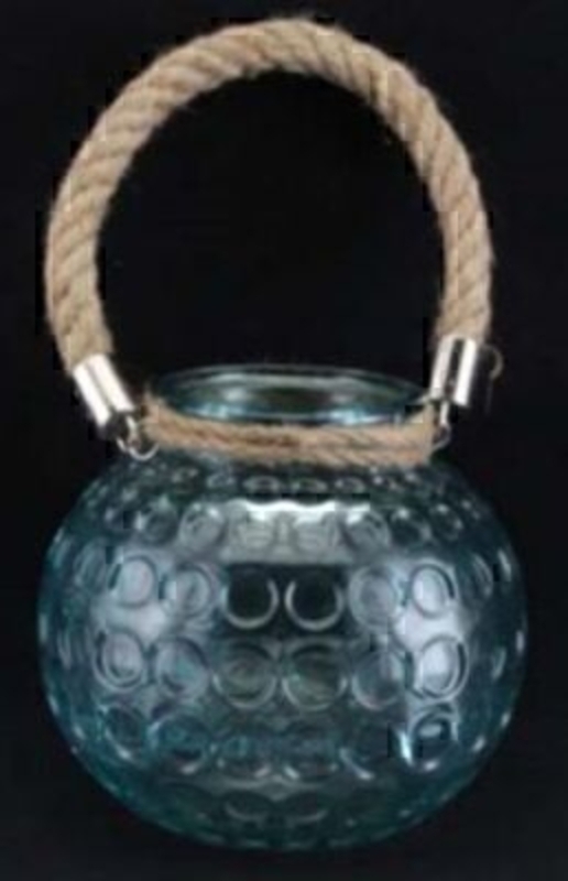 Aqua Glass T-Light holder by Gisela Graham. The textured finish and shape is reminiscent of a sea urchin. This large T-Light holder would make a great addition to a beach or sea themed room or bathroom. Size including handle 28x15cm.